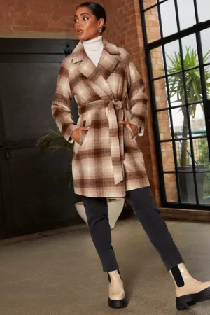 Chi Chi London Tie Check Coat, Brown