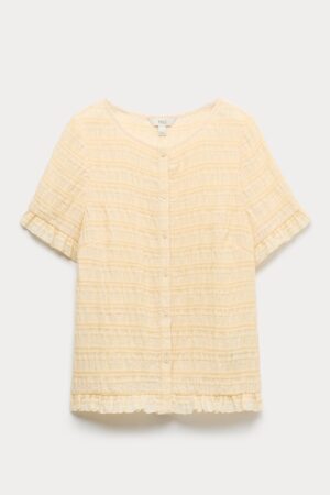 Collarless Shirred Button Through Top