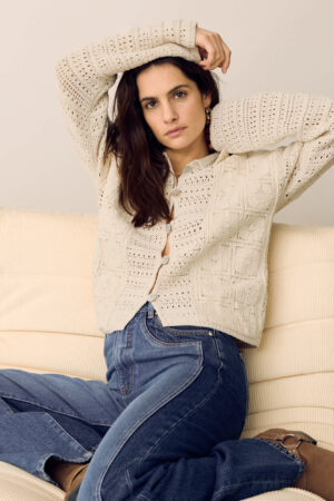 Cotton Blend Crochet Look Collared Cardigan