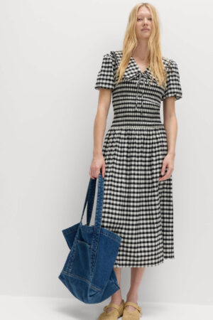 Cotton Blend Gingham Dropped Waist Midi Dress