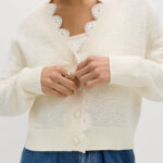 Cotton Blend Lace Trim V-Neck Cardigan