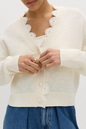 Cotton Blend Lace Trim V-Neck Cardigan