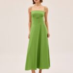 Cotton Linen Blend Square Neck Midi Dress