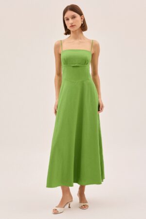 Cotton Linen Blend Square Neck Midi Dress