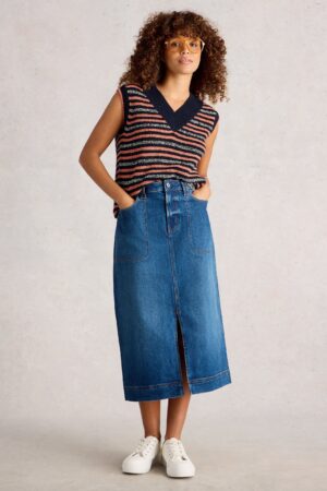 Cotton Rich Denim Front Split Midi Skirt