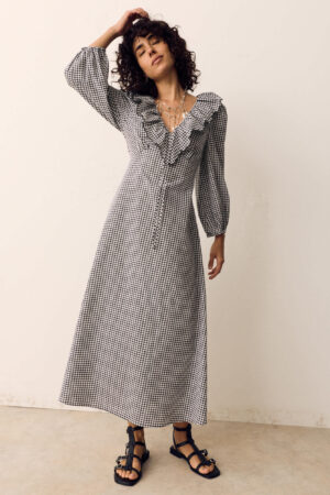 Cotton Rich Gingham Frill Neck Midaxi Dress