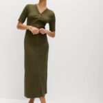 Cotton Rich Ribbed V-Neck Midi Column Dress