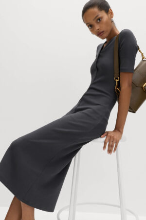 Cotton Rich Ribbed V-Neck Midi Column Dress