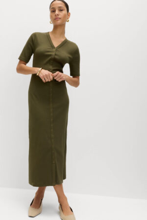 Cotton Rich Ribbed V-Neck Midi Column Dress