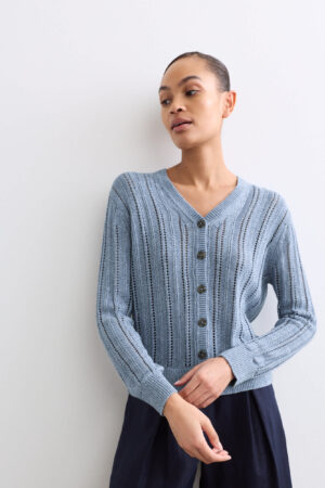 Cotton Rich Textured Open Knit V-Neck Cardigan