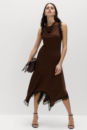Cowl Neck Lace Detail Midi Slip Dress