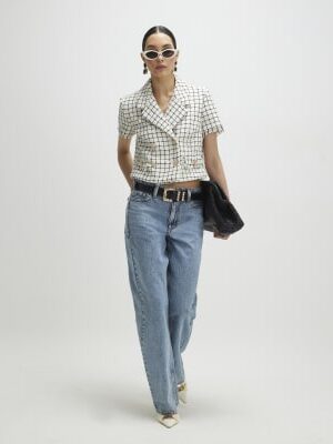 Cream Boucle Checked Short Sleeve Jacket