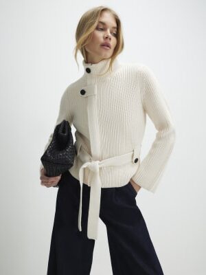 Cream Knitted Tie Waist Ribbed Cardigan