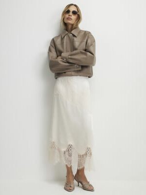 Cream Lace Satin Midi Skirt