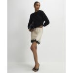 Cream Lace Trim Satin Mini Skirt