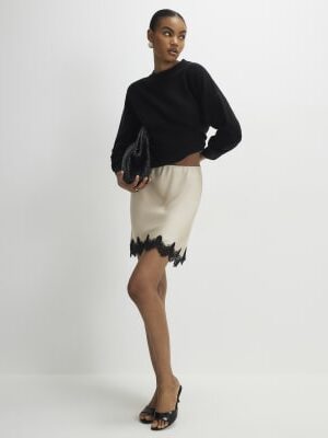 Cream Lace Trim Satin Mini Skirt