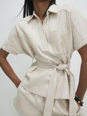 Cream Linen Look Collared Belted Top