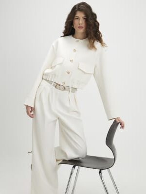 Cream Long Sleeve Pocket Detail Bomber Jacket