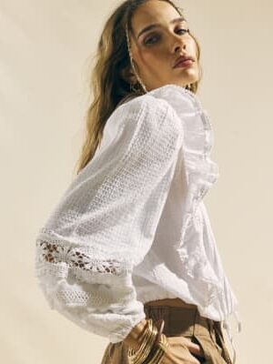 Cream Long Sleeve Ruffle Blouse