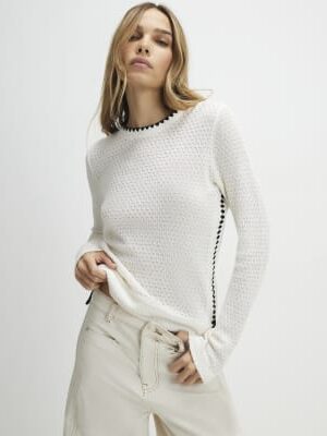 Cream Long Sleeve Whipstitch Trim Top
