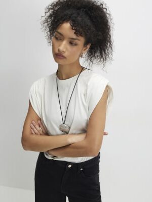 Cream Premium Ruched Shoulder T-shirt