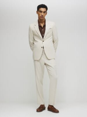 Cream Slim Fit Linen Blend Suit Trousers