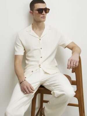 Cream Slim Fit Short Sleeve Knitted Shirt