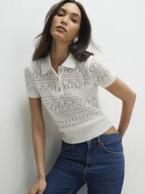 Cream Stitched Knit Polo Top