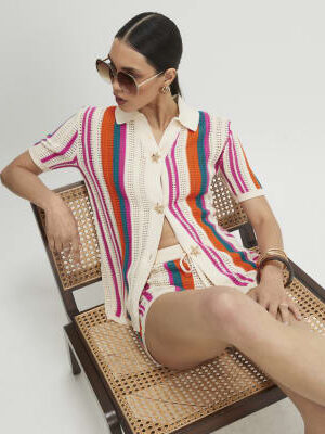 Cream Striped Crochet Shirt
