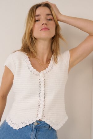 Crochet Trim Cotton Rich Fitted Cardigan