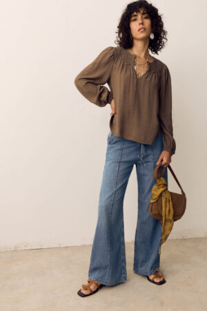 Denim Pintuck Wide Leg Jeans