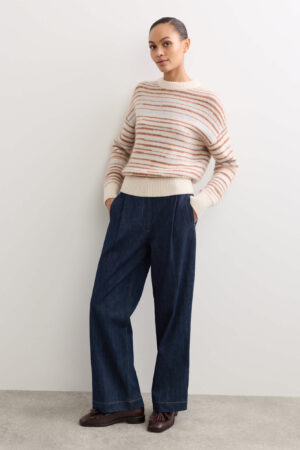Denim Pleat Front Wide Leg Trousers
