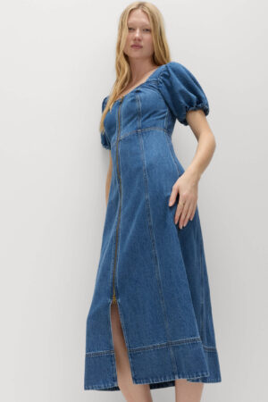 Denim Puff Sleeve Midi Waisted Dress
