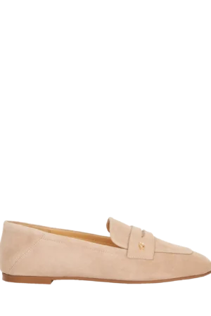 Dune London Glances Suede Crush Back Logo Penny Loafers, Sand