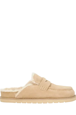 Dune London Goldy Suede Backless Faux Shearling Loafers, Beige