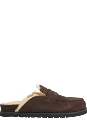 Dune London Goldy Suede Backless Faux Shearling Loafers, Brown