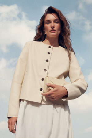 Faux Leather Collarless Jacket