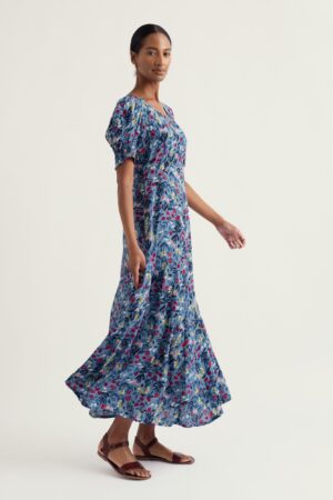 Floral Puff Sleeve Midi Skater Dress