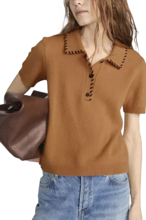 FRAME Leather Stitch Polo Shirt, Brown
