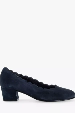 Gabor Gigi Wide Fit Suede Scallop Edge Block Heel Court Shoes, Dark Blue