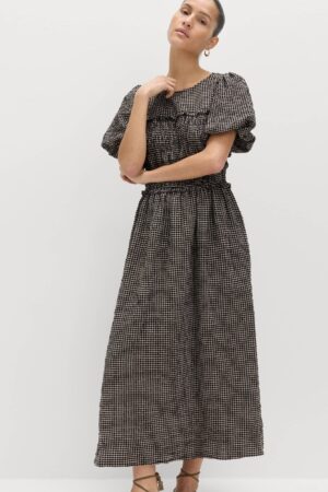Gingham Puff Sleeve Midi Waisted Dress