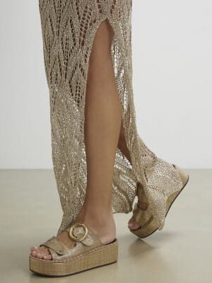 Gold Wide Fit Ring Buckle Wedge Sandals