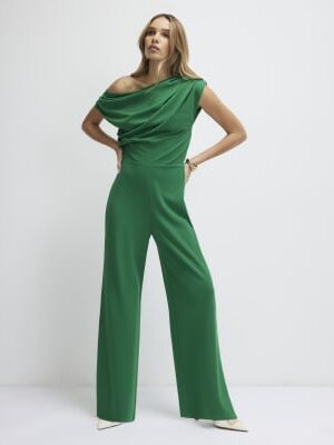 Green Asymmetric Drape Jumpsuit