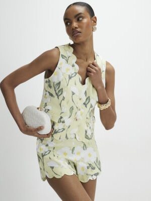 Green Floral Linen Blend Waistcoat