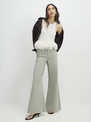 Green High Waisted Wide Flared Leg Jeans