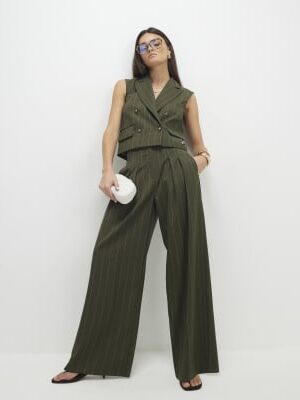 Green pinstripe wide leg trousers