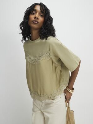 Green Short Sleeve Lace Detail T-shirt