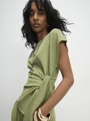 Green Short Sleeve Textured Twist Front Top