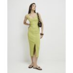 Green Sleeveless Ribbed Button Midi Dress