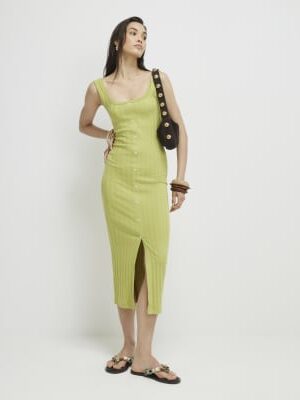 Green Sleeveless Ribbed Button Midi Dress